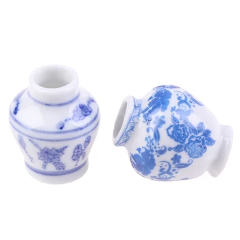 1 Komplet(2pcs) Mini Modre in bele porcelanaste vaze DIY Ročno Lutka House Kuhinja Keramika Ornament Decora vaza Lutke Miniature