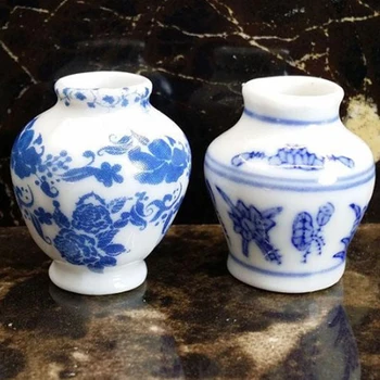 1 Komplet(2pcs) Mini Modre in bele porcelanaste vaze DIY Ročno Lutka House Kuhinja Keramika Ornament Decora vaza Lutke Miniature