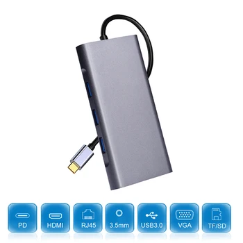 10 v 1 USB C HUB RJ45 Gigabit Network VGA 3 USB3.0 3,5 mm SD TF HDMI PD Adapter za Notebook Pametni Širitev Pretvornik