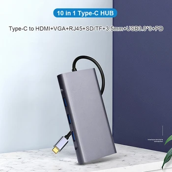 10 v 1 USB C HUB RJ45 Gigabit Network VGA 3 USB3.0 3,5 mm SD TF HDMI PD Adapter za Notebook Pametni Širitev Pretvornik