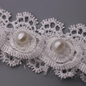 1Y White Pearl Cvet Šifon Vezene Čipke Trim Trak Tkanine Šivanje Obrti Mozaik Ročno DIY Kostum Za Dekoracijo