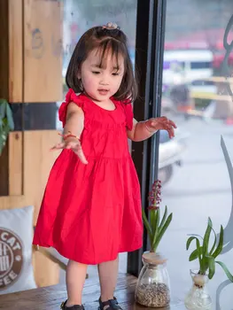 2019 Nove Rdeče Otroci Obleko Korejsko Dekle, Ki Plujejo Pod Rokavi Bombaž Gumb Nazaj Velikem Zamahu Obleko 1-2-3-4-5 Let A276