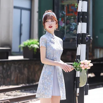 2020 Cheongsam Aodai Vietnam Slog Elegantna Dama Čipke Obleko Retro Mandarin Ovratnik Cvet Vezenje Aodai Kitajski Mini Qipao