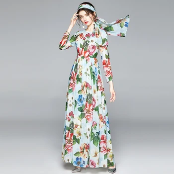 2020 Modni Oblikovalec Počitnice Poletje Oblačenja Žensk Lok Pasu Priložnostne Rose Cvjetnim Tiskanja Ženski Šifon Boho Dolgo Obleko Maxi