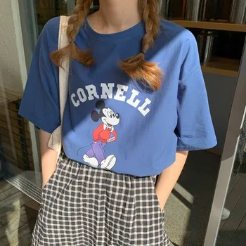 2020 Novo Poletje Mickey Mouse Ženske Črkami Tiskanje Kratkih Oplaščeni T-shirt korejskem Slogu Svoboden Vrh Dno Rokavi Ženske Majice