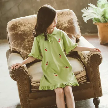 2020 Poletje Roza/ Zelena Bombaž Obleko za Deklice od 4 Do 12 Let Otroci Stranka Srčkan Princesa Teen Obleko Češnja Obleke Otroci Oblačila