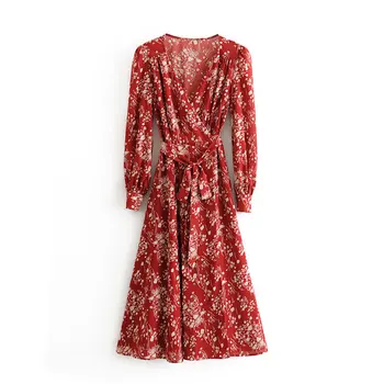 2020 Poletje Vintage Proti-vrat Dolg Rokav Cvjetnim Natisne Obleka Ženske vzletno-pristajalne Steze Oblikovalec Elegantno Vitek Obleka Ženske