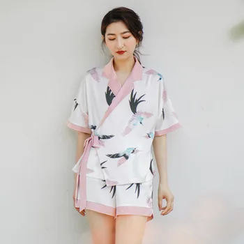 2020 Poletje Žensk Svila-kot Tanek Pižamo v kitajskem Slogu Kratka Sleeved Hanfu Sleepwear Proti-Vrat Tiskanje Doma Oblačila Sklop 2 Kos