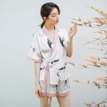 2020 Poletje Žensk Svila-kot Tanek Pižamo v kitajskem Slogu Kratka Sleeved Hanfu Sleepwear Proti-Vrat Tiskanje Doma Oblačila Sklop 2 Kos