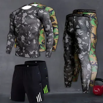 2020 Stiskanje Moški 3 Kos Joga Set Fitnes Športna Oblačila Telovadnici Long Sleeve Zgornji del Oblačila Majice MMA Teče Dokolenke Uvježbavanje Hlače