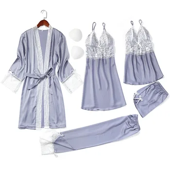 2020 Ženske Pižame 5 Kosov Določa Saten Trdna Pyjama Nastavite Čipke Noč Obleke Sleepwear Domov Oblačila Seksi Pižamo z Blazine