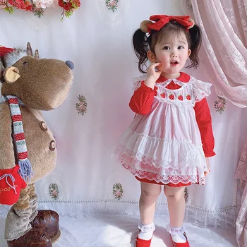 2020Autumn Baby Dolgo Sleeved Sladko Tanke Polka, ki se Nizajo Jagode Vezene Obleko Lutka Ovratnik Srčkan Obleko Božič Dekle Obleko