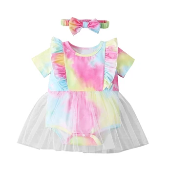 2021 Poletje Novorojenega Dojenčka Romper Baby Dekleta Čipke Tie-dye Jumpsuit+ Bowknot Glavo za 0-18 M Malčka Otroci 2pcs Obleko Vroče