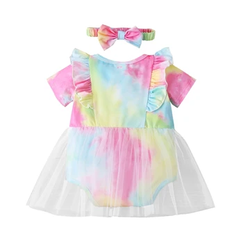 2021 Poletje Novorojenega Dojenčka Romper Baby Dekleta Čipke Tie-dye Jumpsuit+ Bowknot Glavo za 0-18 M Malčka Otroci 2pcs Obleko Vroče
