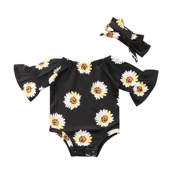 2PCS Novorojenega Dojenčka Baby Dekle Pomlad Poletje Obleko Sežgati Sleev Sončnično Romper Jumpsuit Glavo Obleke Sunsuit 0-24M