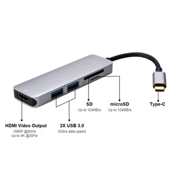 5 in1 USB C ZVEZDIŠČE USB-C HDMI, Micro SD/TF Card Reader Adapter za MacBook Samsung Galaxy S9/S8 Huawei P20 Pro Tip