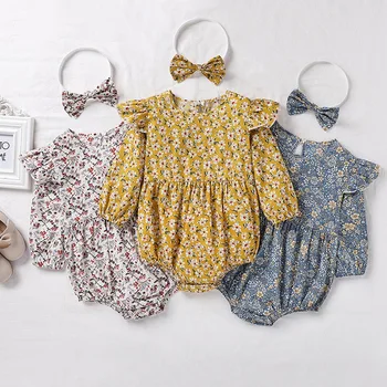 Baby Bodysuit Oblačila Obleko z Dolgimi Rokavi za Malčke Otroci Dekle Cvetlični Kolk bo Ustrezala Creeper igralne obleke+ Lase Band 2PCS Nastavite 0-24M