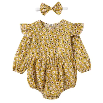 Baby Bodysuit Oblačila Obleko z Dolgimi Rokavi za Malčke Otroci Dekle Cvetlični Kolk bo Ustrezala Creeper igralne obleke+ Lase Band 2PCS Nastavite 0-24M