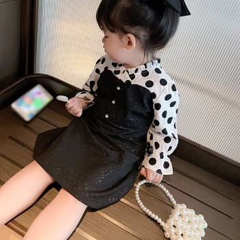 Baby Dekleta Jeseni Nove Obleke Lep Otrok Oblačila z Dolgimi Rokavi Polka Dot Vzorcem Mozaik Princesa Kostum Otroci 2-7Y Stranka