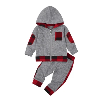 Baby Toddler Padec Kariran Mozaik Obleko Oblačila z Dolgimi Rokavi Kariran Mozaik Zip Gor Hoodied in Hlače 2Pcs Obleke Set