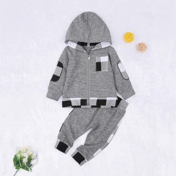 Baby Toddler Padec Kariran Mozaik Obleko Oblačila z Dolgimi Rokavi Kariran Mozaik Zip Gor Hoodied in Hlače 2Pcs Obleke Set