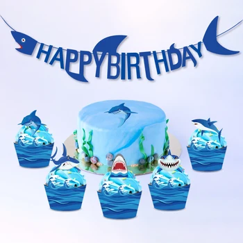 Baby Tuš Risanka Morskega Psa Posode Za Enkratno Uporabo Nastavi Modro Morje Temo Otroci Happy Birthday Party Okraski Svate Dobave