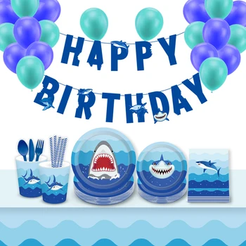 Baby Tuš Risanka Morskega Psa Posode Za Enkratno Uporabo Nastavi Modro Morje Temo Otroci Happy Birthday Party Okraski Svate Dobave