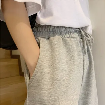 Bombaž elastično vrvico design občutek raztrgana priložnostne bsggy hlače ženske poletne športne hlače padec širok noge hlače zbiranjem hlače