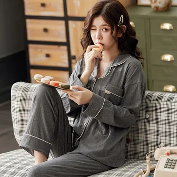 Bombaž Sleepwear Dva Kosa iz Pižame za Ženske River Jopico Gumbi Loungewear Moda korejski Priložnostne Homewear Jesen Zima