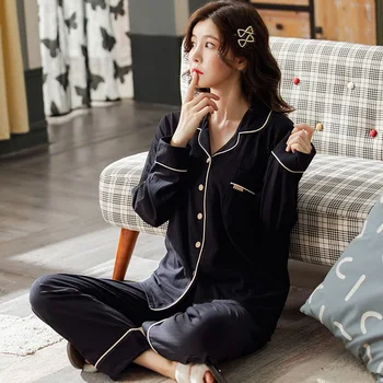 Bombaž Sleepwear Dva Kosa iz Pižame za Ženske River Jopico Gumbi Loungewear Moda korejski Priložnostne Homewear Jesen Zima