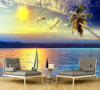 Brezplačna Dostava Galeb, ki Plujejo pod Plaži Ozadje sončnem zahodu Pogled Kavč v Ozadju Stene Photo 3D Meri Dnevna Soba Shufang Zidana