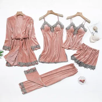 Burgundija 5PCS Haljo bo Ustrezala Ženski Kimono kopalni plašč Obleke More Seksi Žamet Nightdress Čipke Mozaik Sleepwear Homewear