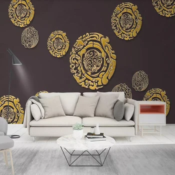 Dekorativne tapete 3d retro zlati zmaj vzorec, krog geometrija v oblaku v ozadju stene papirja