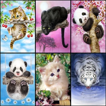 Diy krog Diamond Slikarstvo Navzkrižno Šiv Živali Diamond Mozaik Slik Panthers Tiger mačka Diamond Vezenje Polno Diamond Barve
