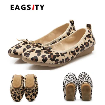EAGSITY Leopard tiskanja ženske stanovanj Zložljiva čevlji zdrsne na krog toe plitvo urad za delo stranke ples udobne čevlje