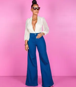 Enostavno in Modno, Široko noge Hlače Standardne Velikosti Modra Visoko Pasu Hujšanje Ženske Jeans 2020 Padec Najbolje prodajanih Ženske Hlače