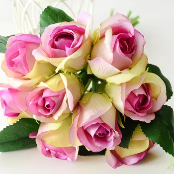 Evropske Umetne Svile Rose z Listi, Nevesta Holding Cvet Doma Poročni Šopek, Dekoracijo Ponaredek Cvetje 9 Glavo
