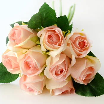 Evropske Umetne Svile Rose z Listi, Nevesta Holding Cvet Doma Poročni Šopek, Dekoracijo Ponaredek Cvetje 9 Glavo