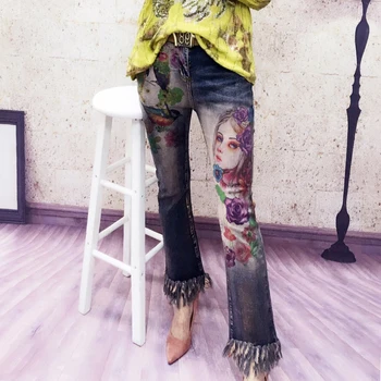 Flare Jeans za Ženske Pomlad Jesen Nove Evropske Blaga Industrijske Obarvana Risba Bronaste Kul Natisnjeni Trobenta Denim Jeans Hlače