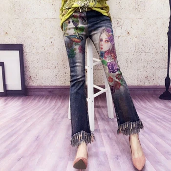 Flare Jeans za Ženske Pomlad Jesen Nove Evropske Blaga Industrijske Obarvana Risba Bronaste Kul Natisnjeni Trobenta Denim Jeans Hlače