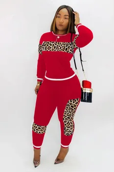 FNOCE jeseni žensk določa mladi modni priložnostne Leopard print o-vratu dolg rokav vrhovi ozke hlače dva-delni set šport obleke
