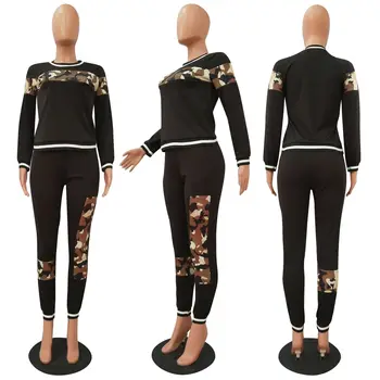 FNOCE jeseni žensk določa mladi modni priložnostne Leopard print o-vratu dolg rokav vrhovi ozke hlače dva-delni set šport obleke