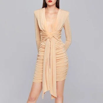 GALCAUR Ruched Čipke Slim Ženske Obleke V Vratu Dolg Rokav Visoko Pasu Tulec Bodycon Mini Obleka Za Žensko Leta 2020 Moda Tide