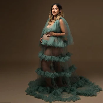 Glej Skozi Ruffle Porodniškega Obleke Plus Velikost V Vratu Slaven Stranka Halje, Ženske Sleepwear Obleko Photoshoot