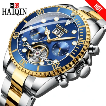 HAIQIN Automatic mehanski Moške ure Poslovni luksuzni Darilni Watch Zlato Polno jeklenih Nepremočljiva Moško ročno uro Relogio Masculino