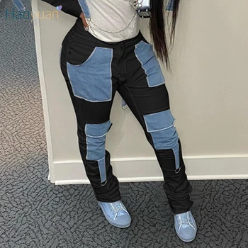 HAOYUAN Seksi Mozaik Jeans Ženska Visoko Pasu Zložene Dokolenke Moda Ulične Oblačila Žep Gumb Bodycon Traper Hlače