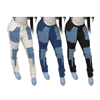 HAOYUAN Seksi Mozaik Jeans Ženska Visoko Pasu Zložene Dokolenke Moda Ulične Oblačila Žep Gumb Bodycon Traper Hlače