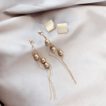 High-end long square metal ball tassel elegant earrings pearl tassel earrings feminine long earrings Tassel Drop Dangle Earrings