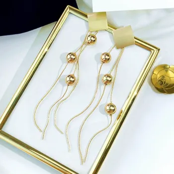 High-end long square metal ball tassel elegant earrings pearl tassel earrings feminine long earrings Tassel Drop Dangle Earrings