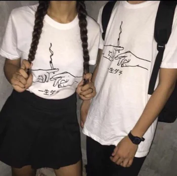 Hipster Nekaj Harajuku Poletje Kratek Rokav T-shirt majica Bel Bombaž Svoboden Japonske Besede Natisnjene Ljubimec Ujemanje Top Tee grunge tees